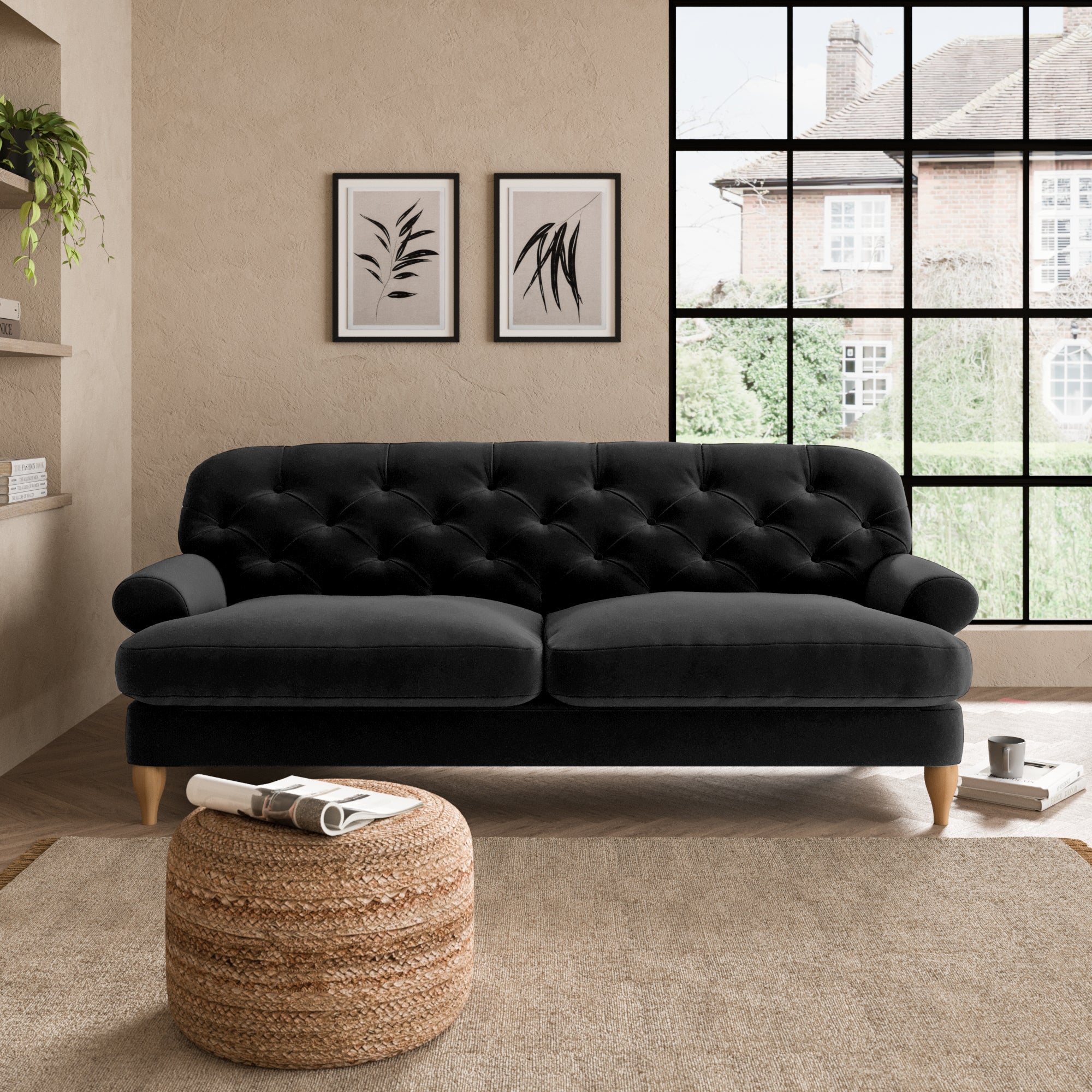 Canterbury Luxury Velvet 3 Seater Sofa Luxury Velvet Black