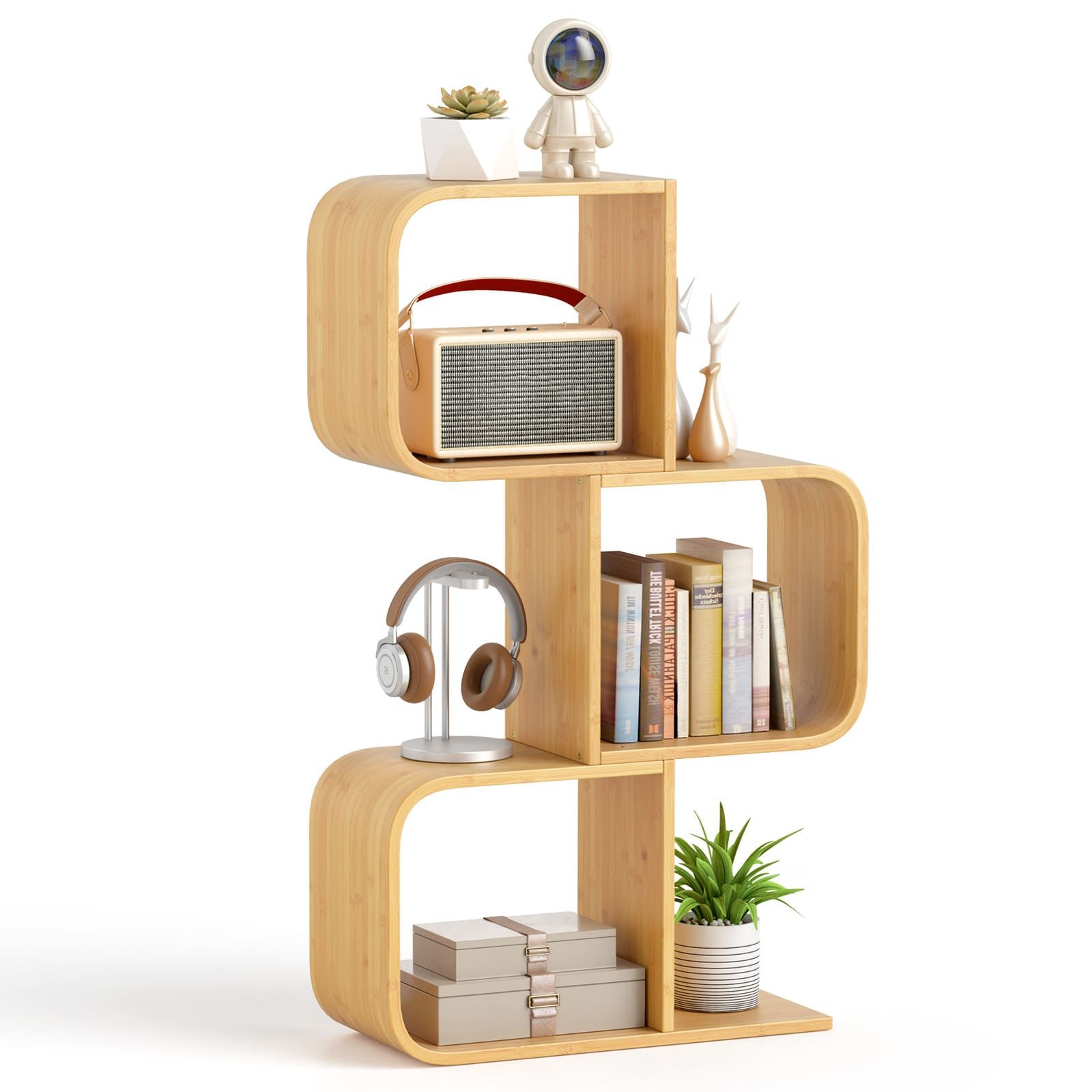 Costway 3-TierS-Shaped Bookcase, Bamboo Bookshelf w/3 Open Cubes in Natural