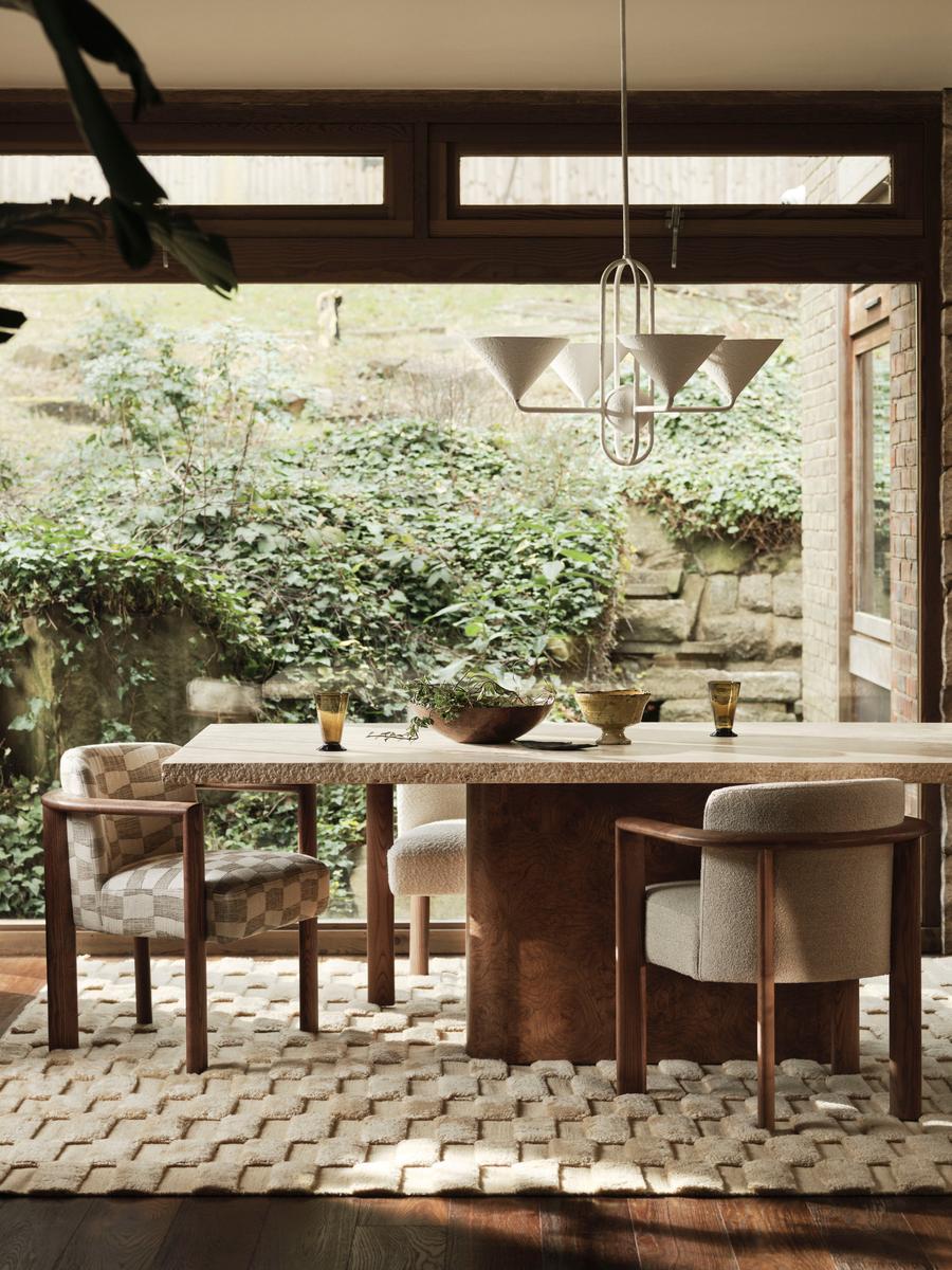 Ramsey Dining Table, Travertine & Burl