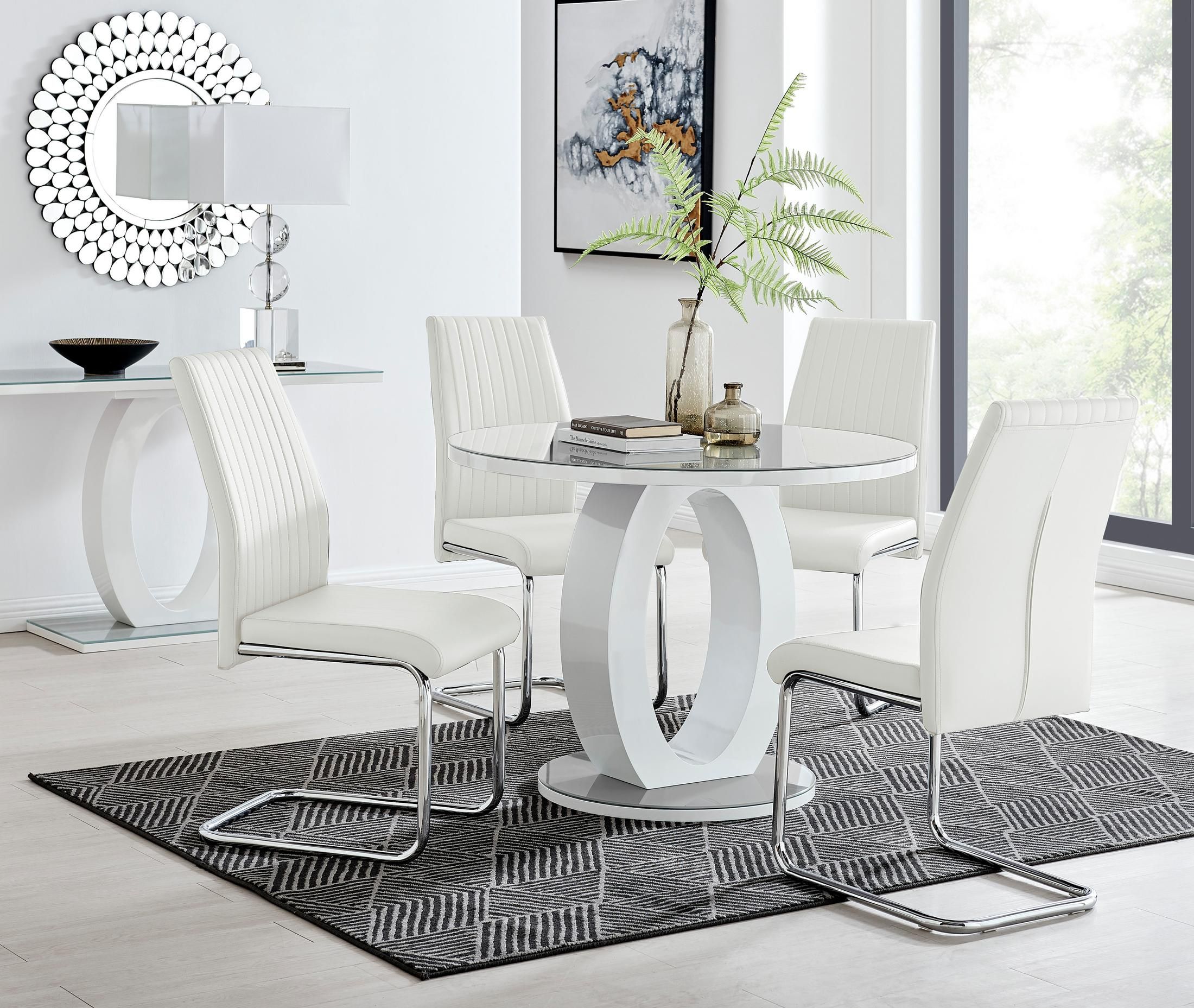FurnitureboxUK Giovani Round 4 Seat 100cm White High Gloss Unique Halo Base Grey Glass Top Dining Table 4 Soft Faux Leather Lorenzo Chairs