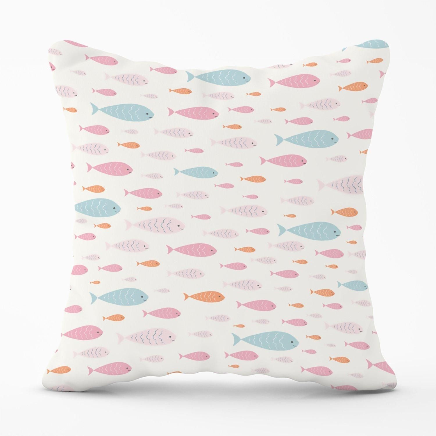 Warren Reed - Designer Hand Drawn Swimming Fish Outdoor Cushion in Pink