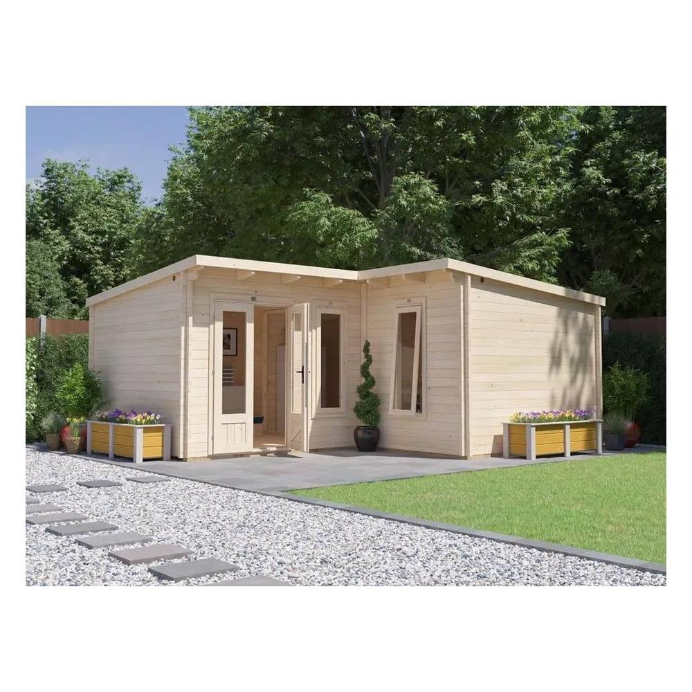Dunster House L-Shaped Log Cabin W6m x D5m / 19' x 16'6" Pent, 24mm, DG - HellWolf in Brown 2