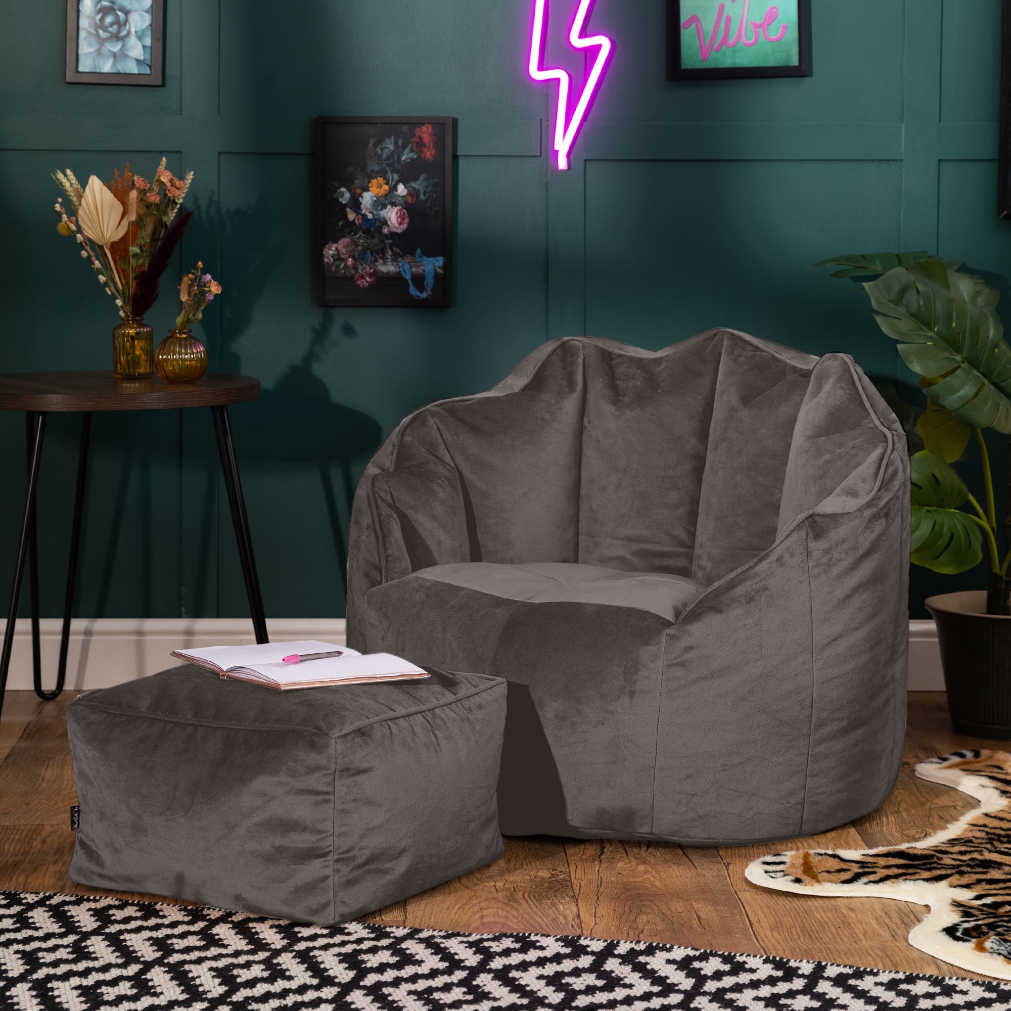 icon Sirena Scallop Chair Bean Bag & Footstool Pink Velvet Bean Bags in Charcoal