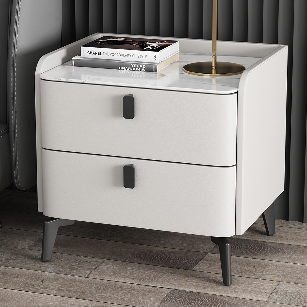 Faux Leather Bedside Table with 2 Drawers White Bedside Table with Stone Top