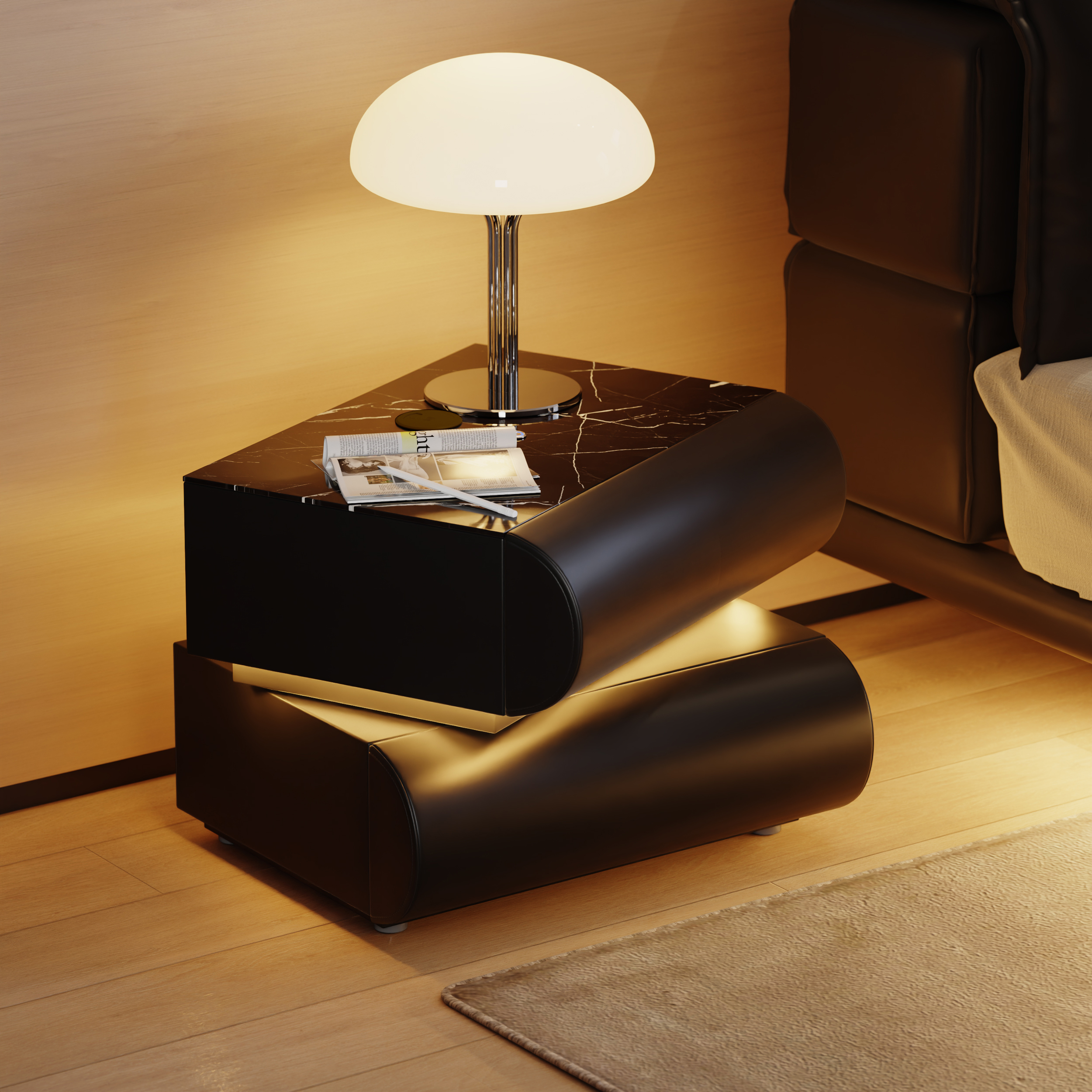 Modern White Leather Smart LED Bedside Table with Wireless Charger 2 Drawers Bedside Table with USB & Type-C Ports with Sintered Stone Top