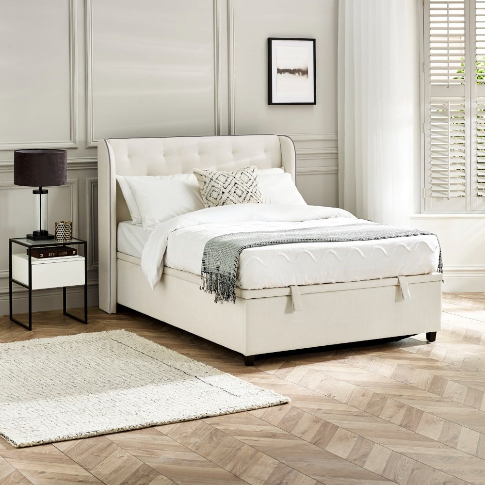 Celeste - King Size - Winged Ottoman Storage Bed - White/Grey - Fabric - 5ft