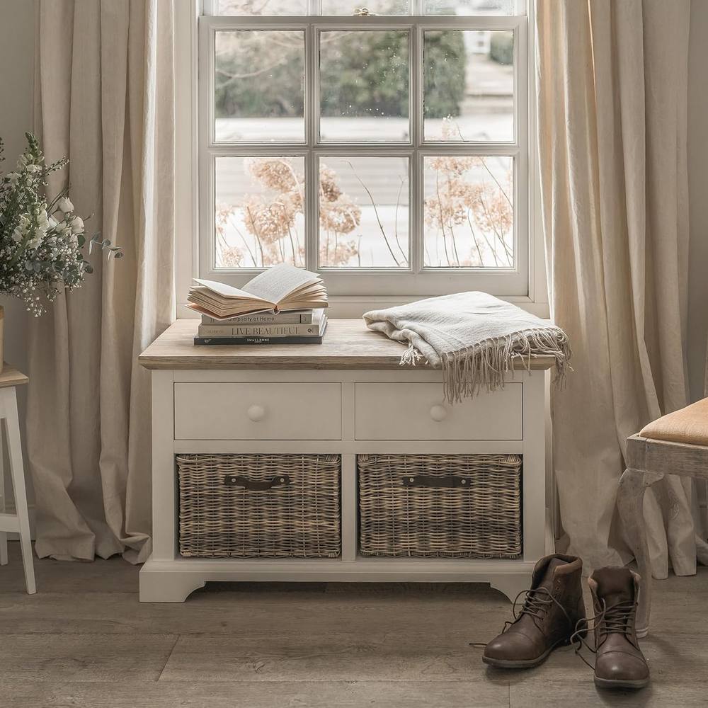 Statement Furniture Florence Storage Bench with 2 Drawers & 2 Baskets in White
