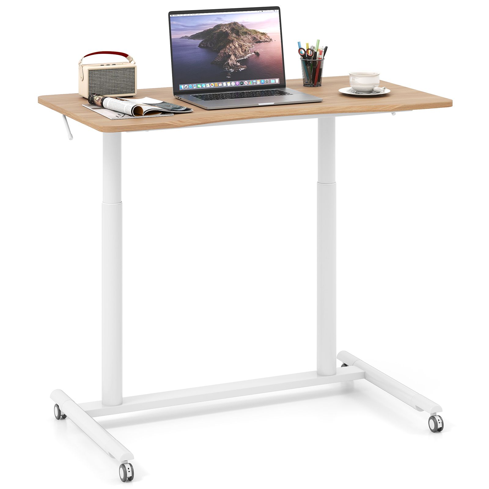 Costway Mobile Standing Desk C-Shaped Sit Stand Desk w/Adjustable Height in Natural