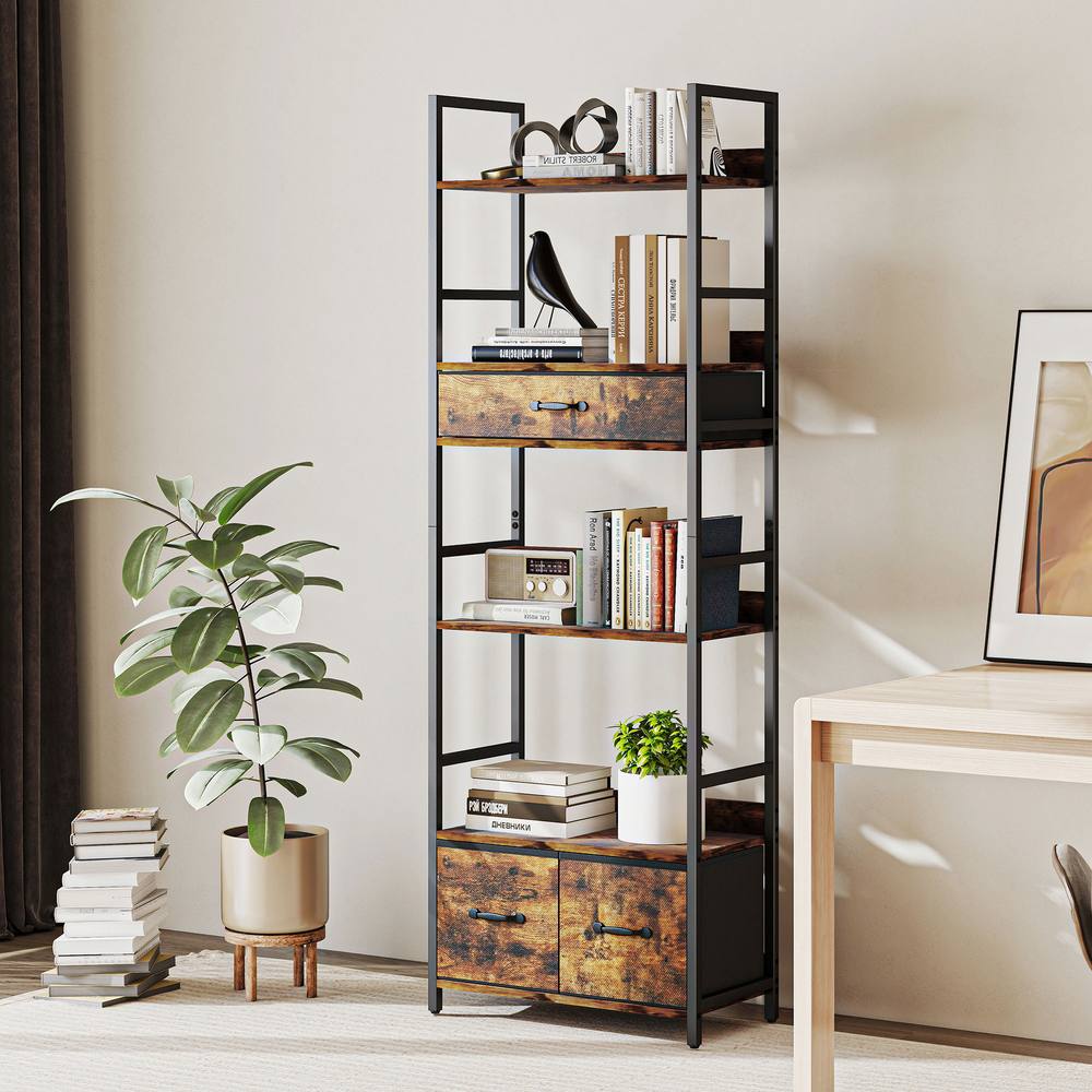 HOMCOM Industrial Bookshelf with 4 Shelves & 3 Fabric Drawers Rustic Brown
