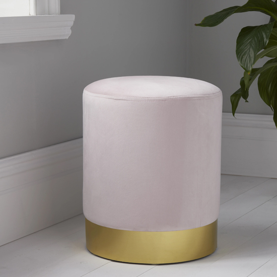 Beverly Round Velvet Stool In Pastel Pink And Gold