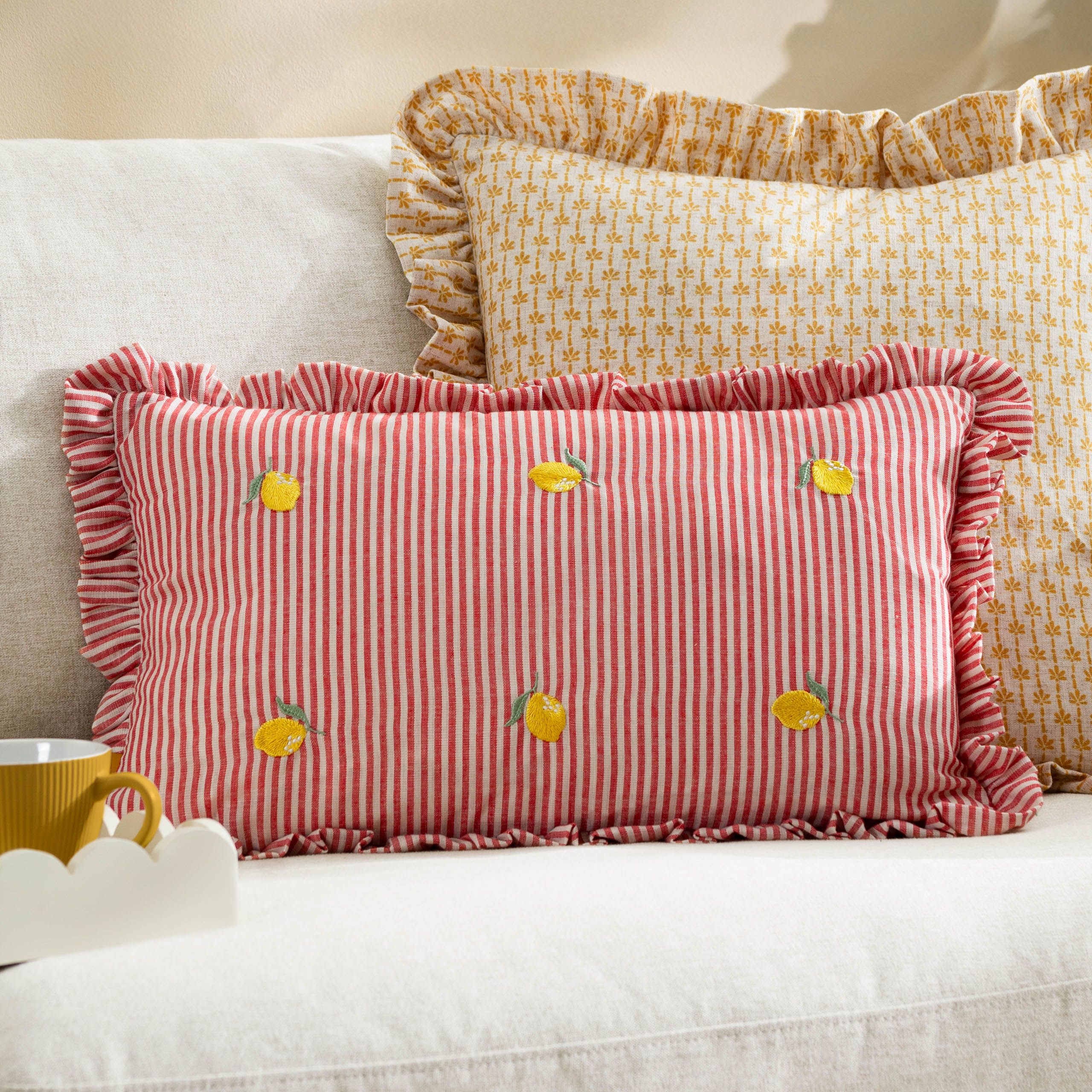 Furn Les Fruites Embroidered Ruffle Cushion in Red