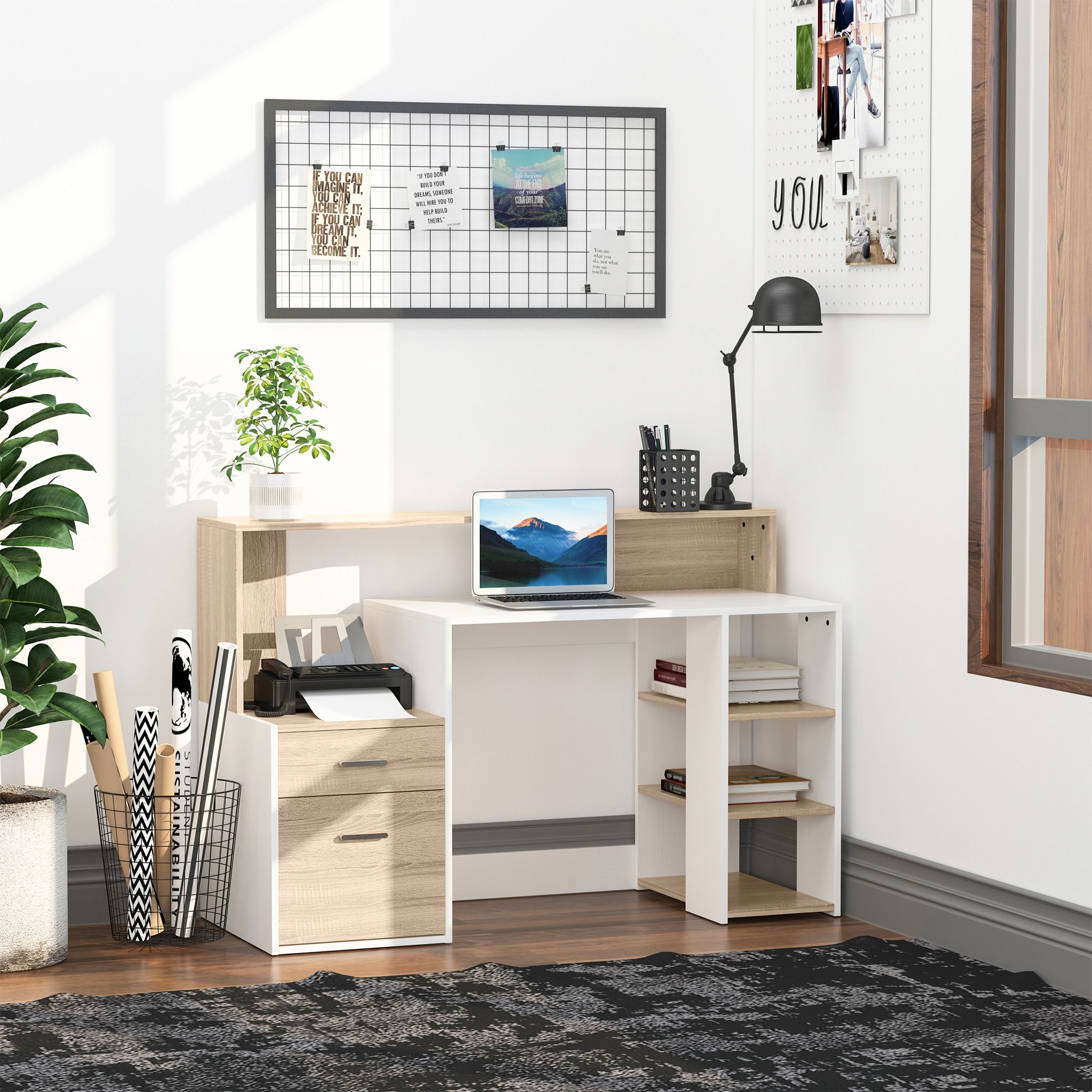 HOMCOM Multi-Storage & Workstation Desk Table Storage Shelves Home Office in Brown