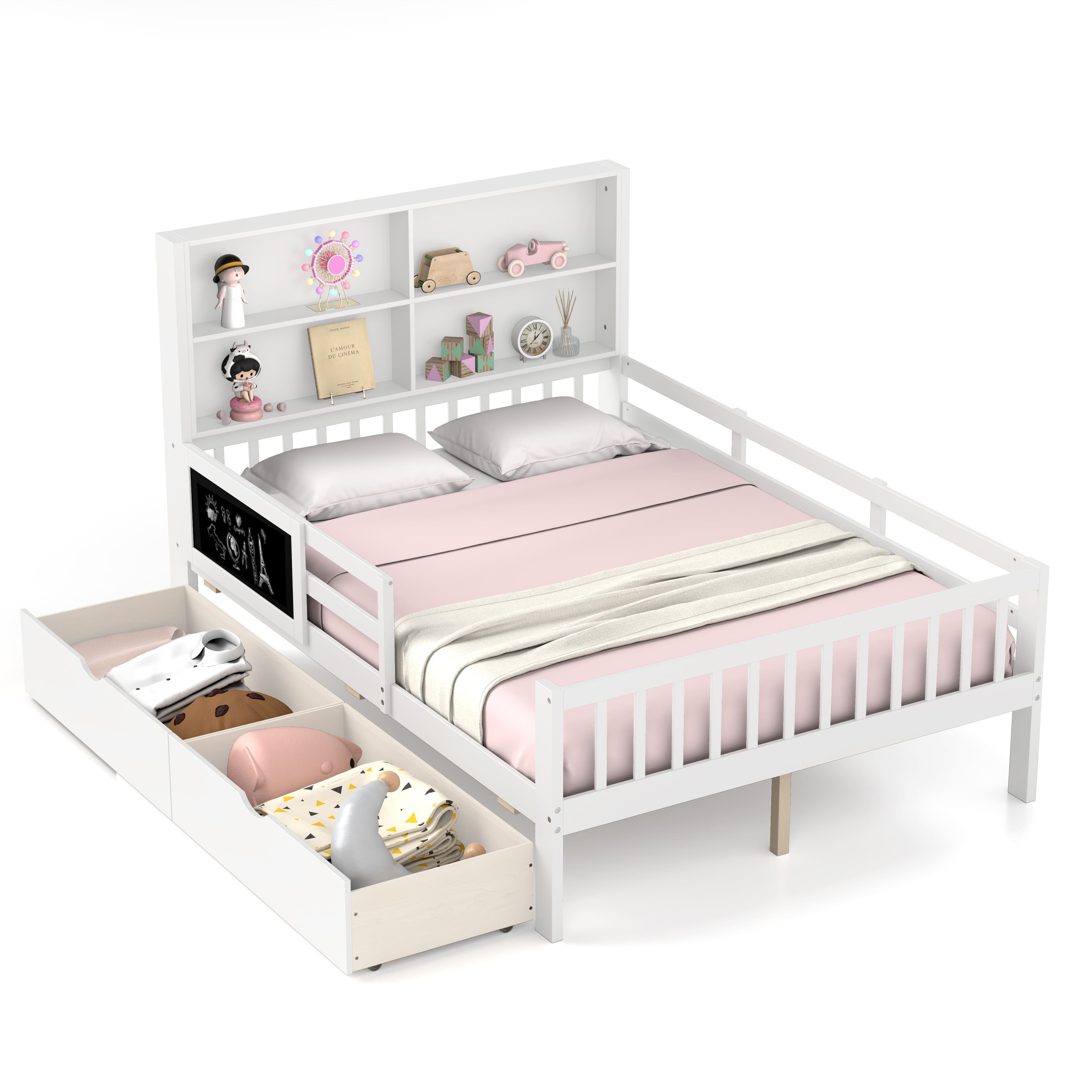 Costway Double Size Bed Frame Solid Wood Platform Bed w/2 Storage Drawers in White