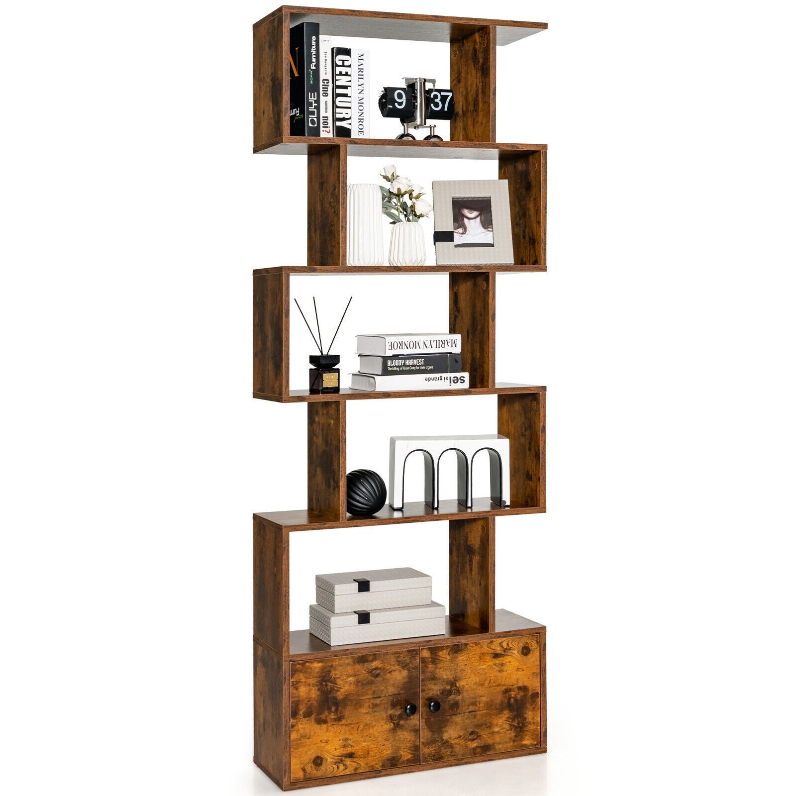 Costway 6-Tier Bookcase Free Standing S-Shaped Style Bookshelf Wooden Display Shelf in Brown