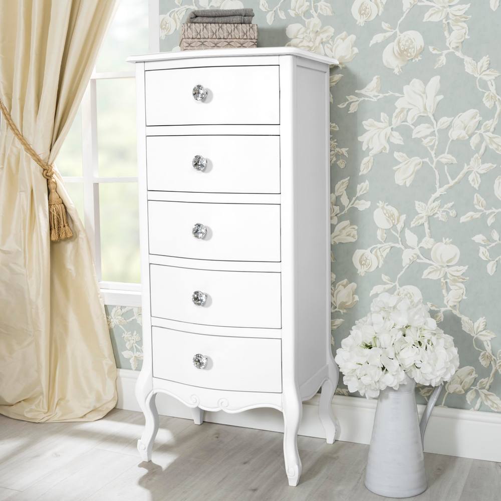 Statement Furniture Juliette Vintage Chic 5 Drawer Tallboy with Crystal Handles in White