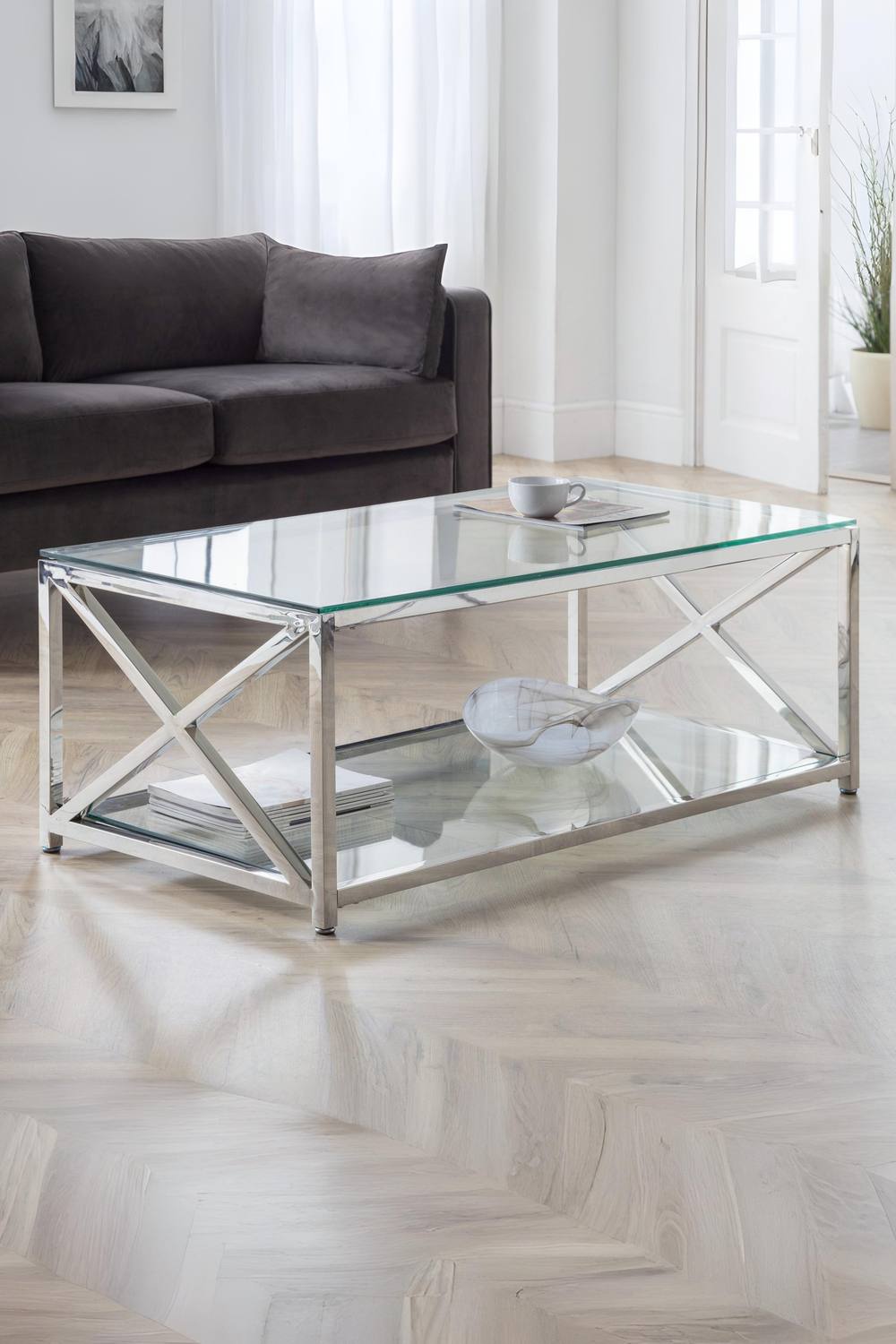 Julian Bowen Miami Glass Top Cross Frame Coffee Table with Shelf in Silver