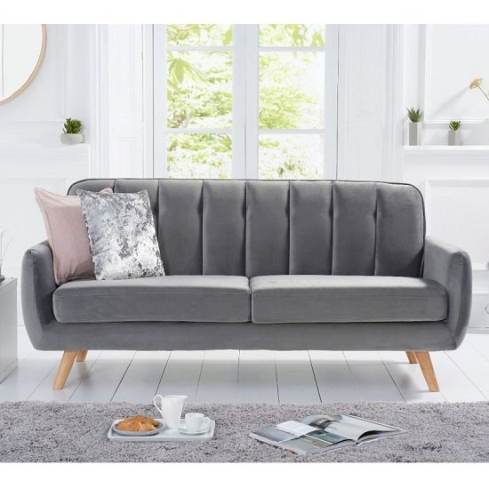 Rickey Velvet Three Seater Sofa In Grey With Solid Wood Legs