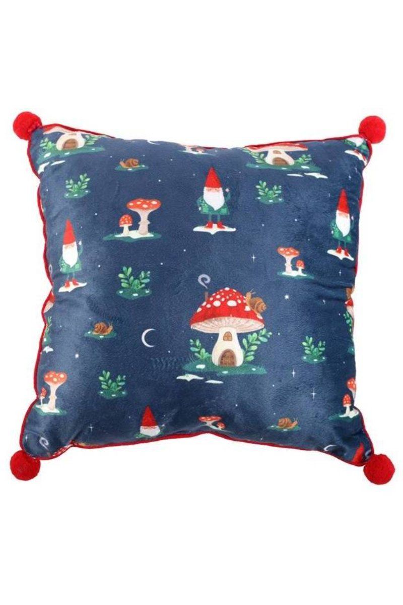 KDMD 35cm Square Gnome Print Cushion with Pom Poms in Blue