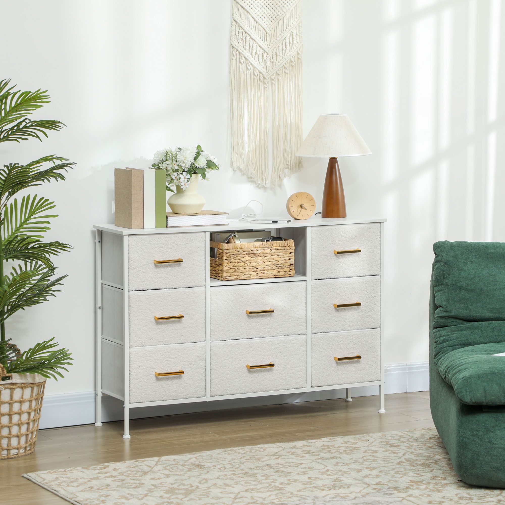 HOMCOM Boucle Chest of Drawers, 2 USB & 2 AC Ports, 8 Drawers Dresser in White
