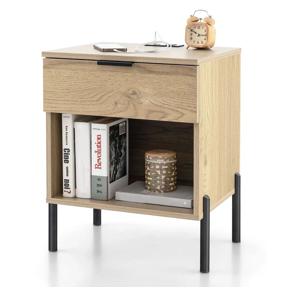 Costway Mid Century Modern Nightstand Bed Side Table w/Charging Station in Natural