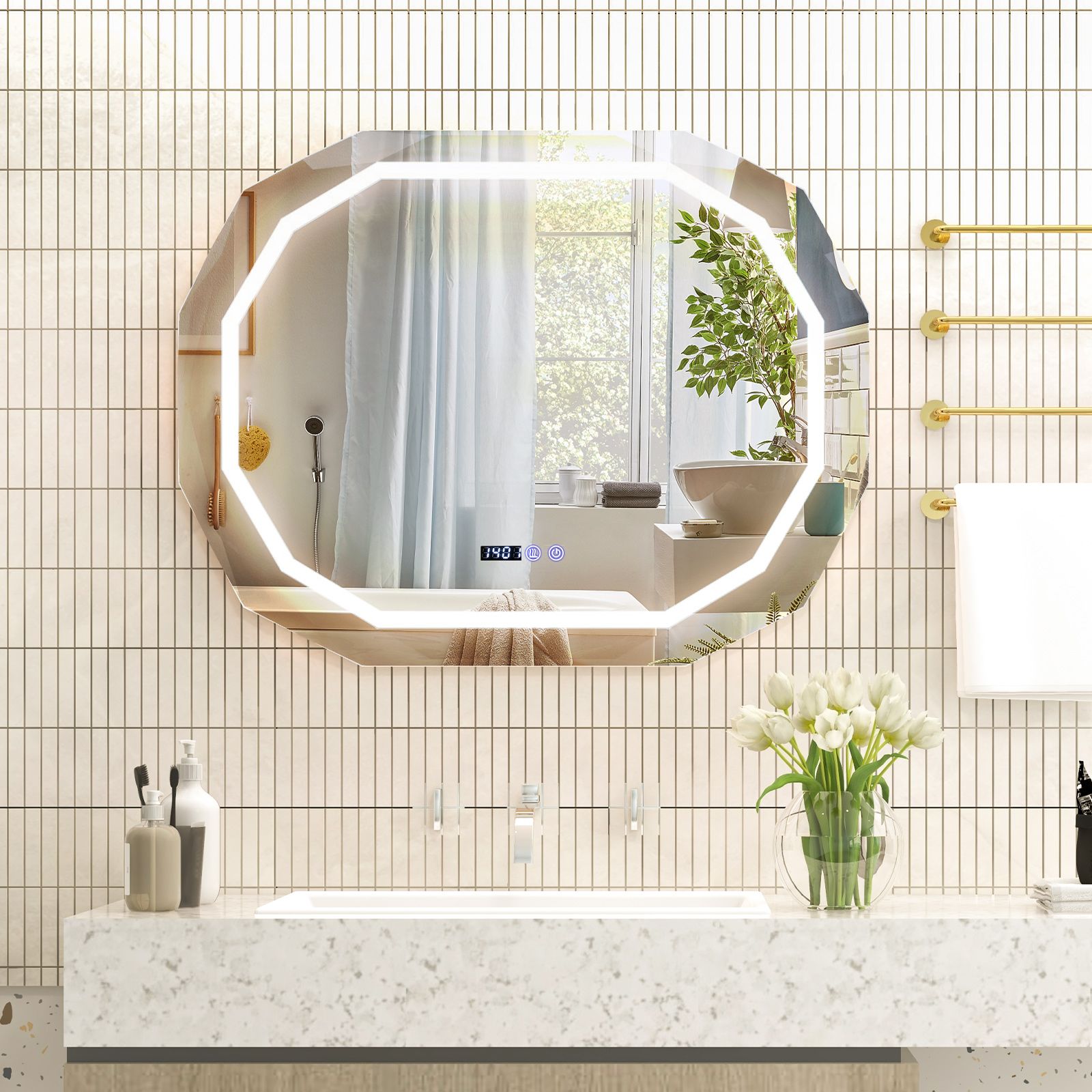 Costway LED Bathroom Mirror Single Beveled Edge Anti-Fog Mirror with 3 Color LED Light in Silver