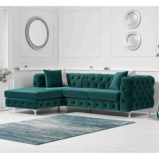 Bruket Velvet Left Handed Chaise Corner Sofa In Green