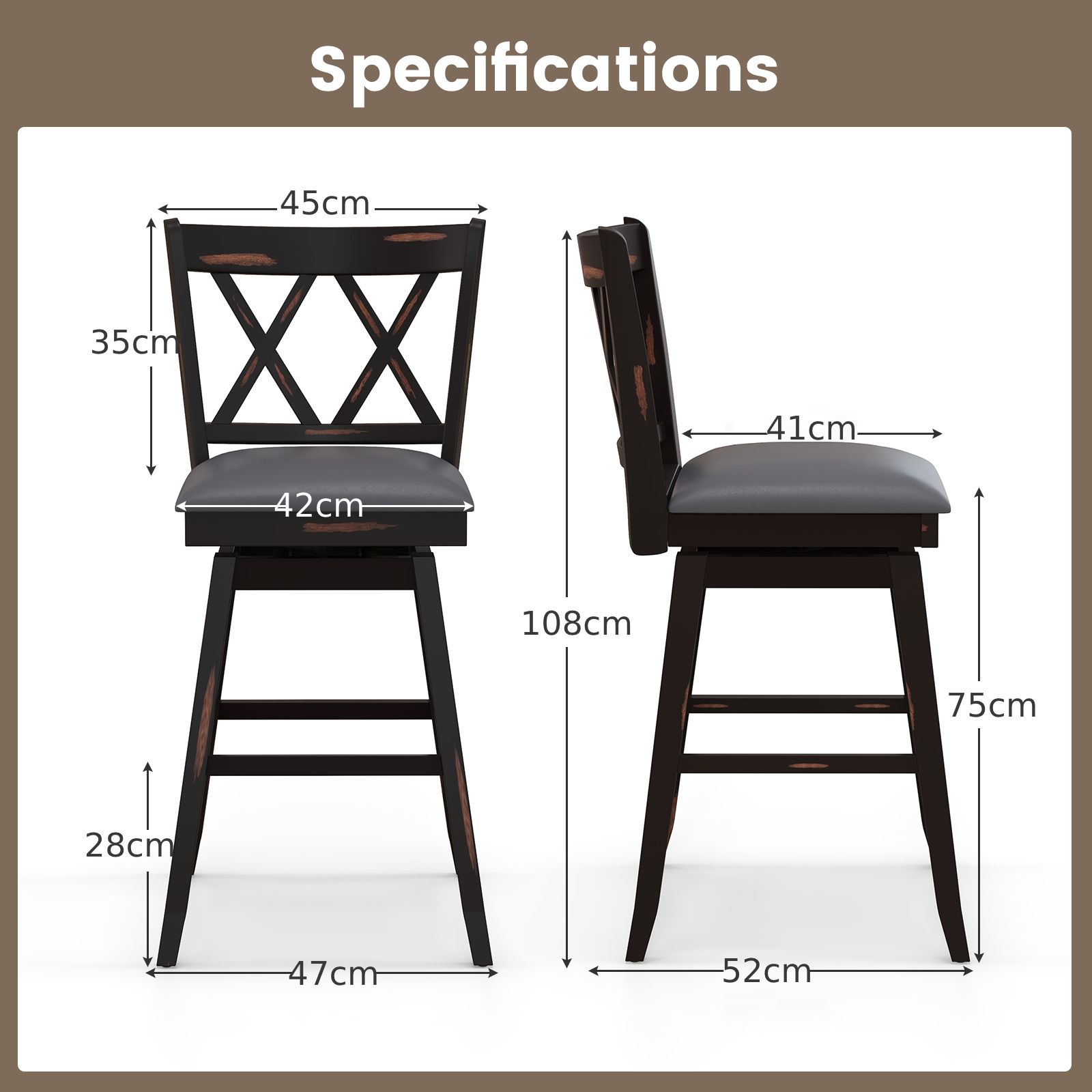Costway Set of 2 Bar Stools Counter Height Chair Pub 360 °Swiveling Upholstered Seat 29" 2