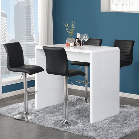 Glacier Gloss Bar Table In White With 4 Ripple Black Stools
