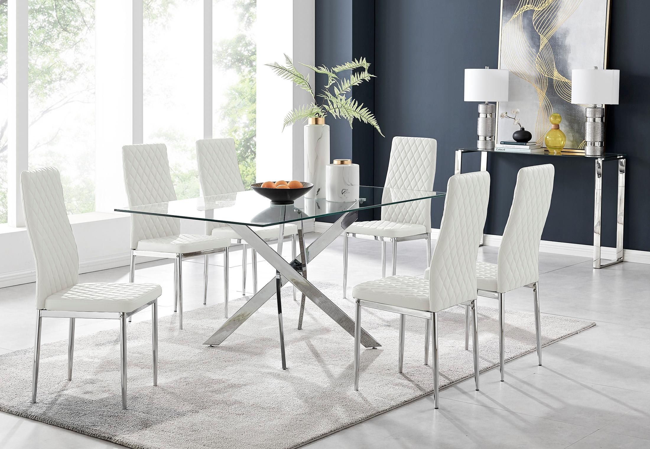 FurnitureboxUK Leonardo Glass & Chrome Metal Dining Table & 6 Milan Chairs Dining Set in White