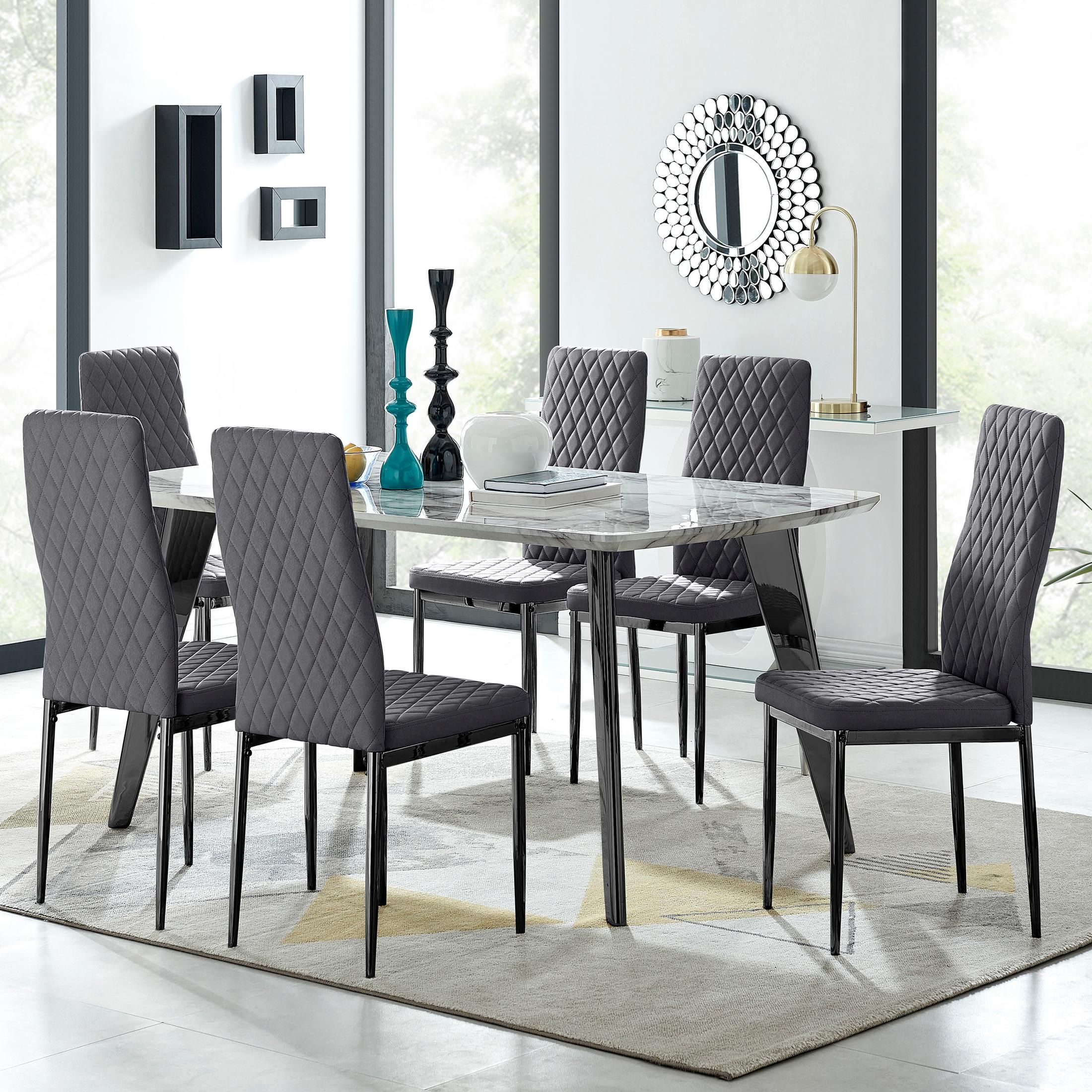FurnitureboxUK Andria Marble Effect Dining Table With Black Legs & 6 Milan Velvet Black Leg Chairs in Grey