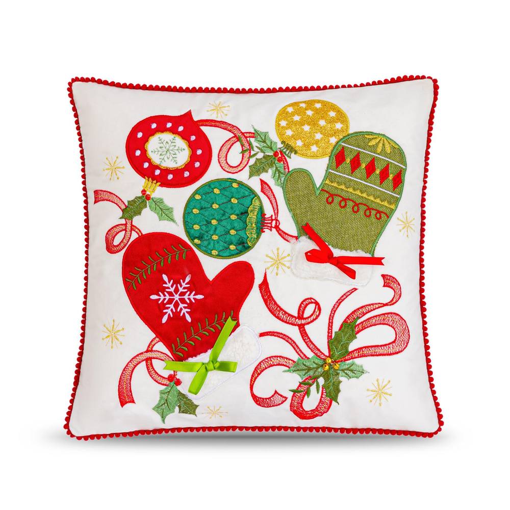 Luxury Living Embroidered Christmas Cushion with Mittens, Baubles & Bell in Cream
