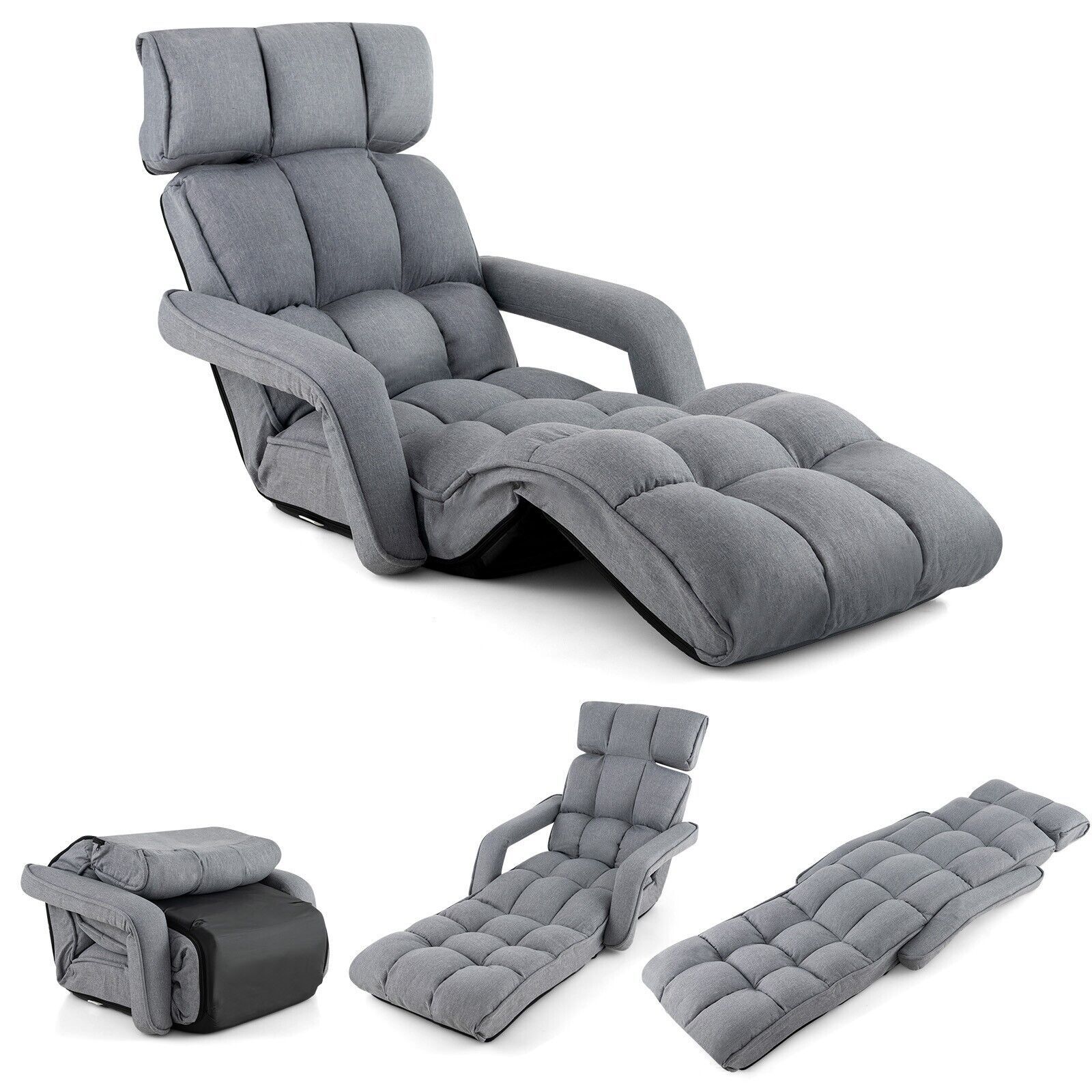 Costway Folding Sofa Chair 6 Positions Adjustable Floor Lazy Chair with Armrest Single Sofa in Grey
