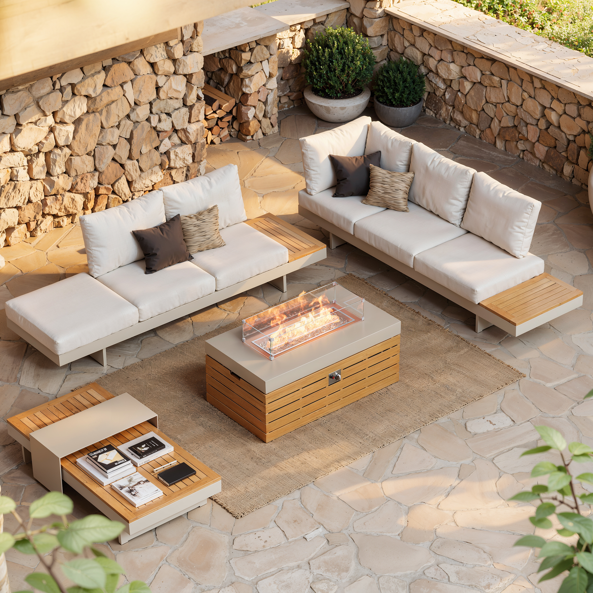 Tevara 47" 5-Piece Modular Teak Outdoor Sofa Set with Smokeless Fire Pit for 6 Person