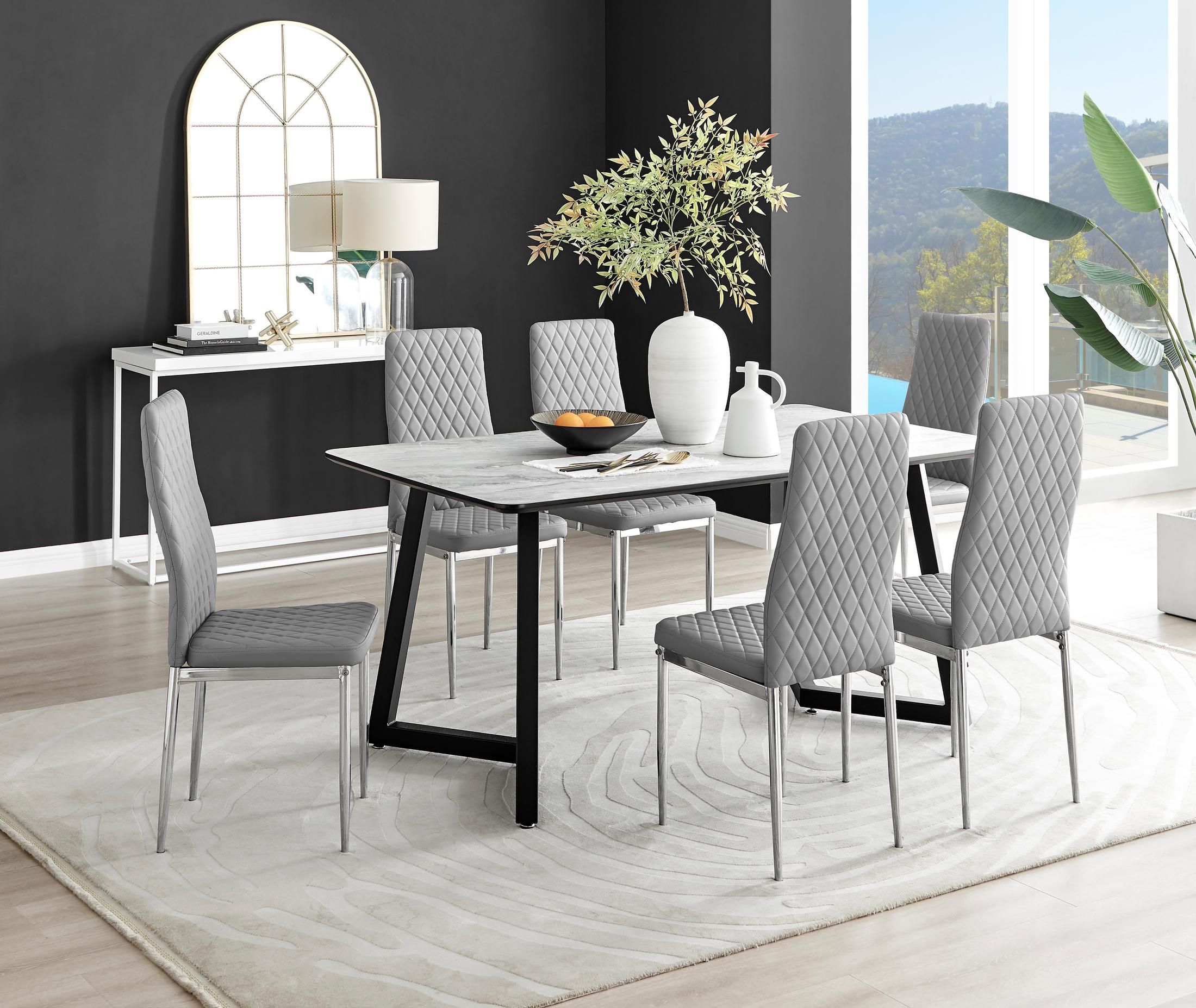 FurnitureboxUK Carson White Marble Effect Dining Table & 6 Milan Chrome Leg Chairs in Grey