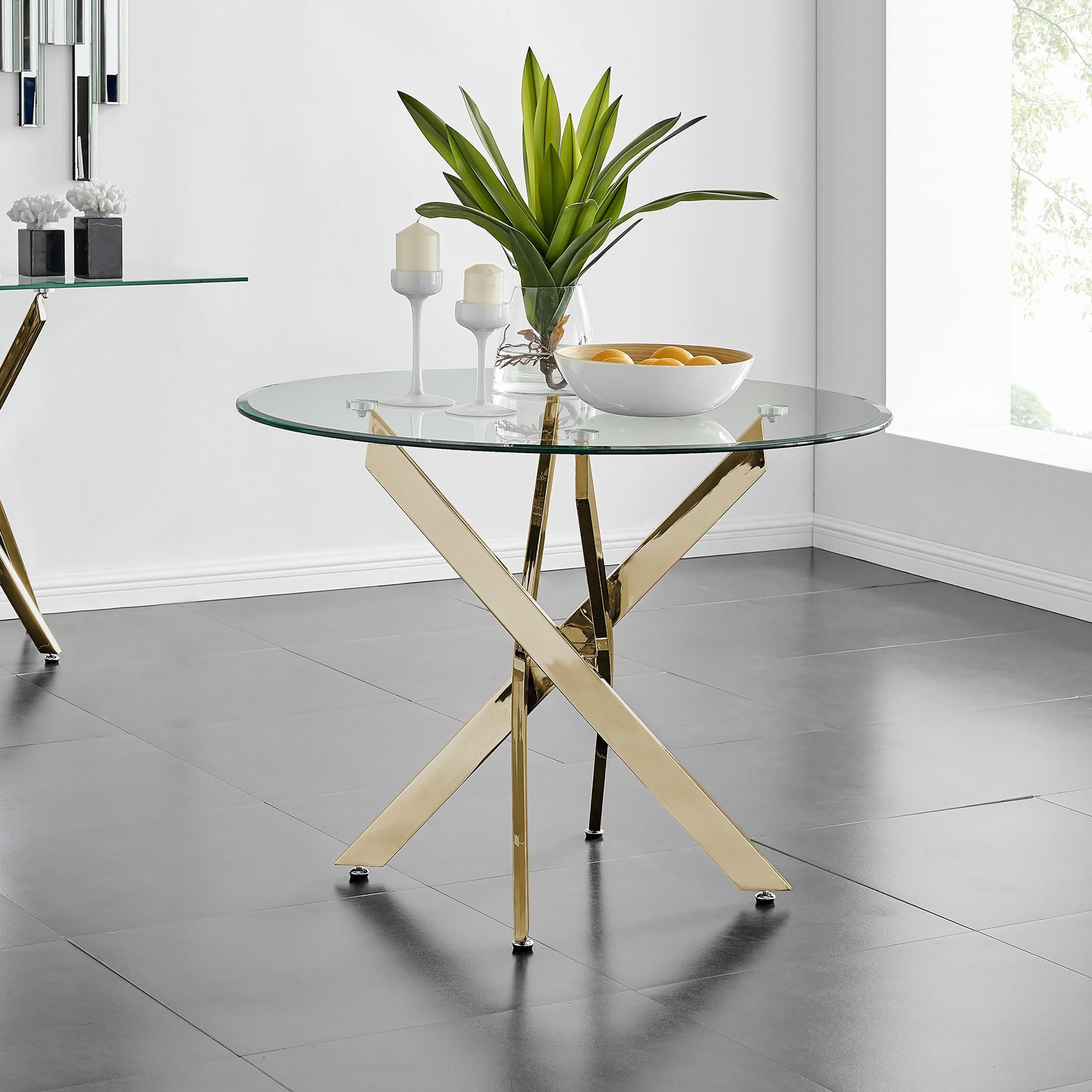 FurnitureboxUK Novara 100cm Round 4-Seater Glass & Metal Starburst Dining Table in Gold