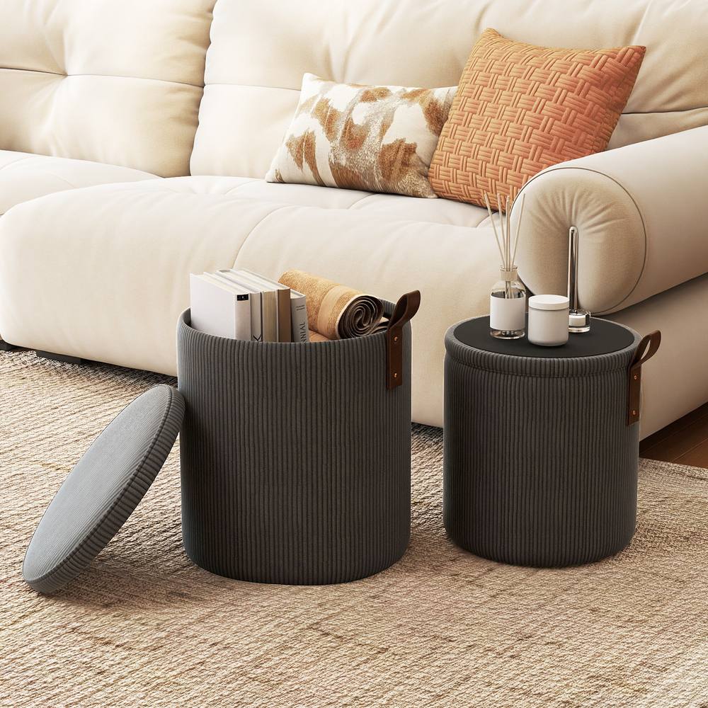 Costway 2PCS Modern Round Ottoman Upholstered Vanity Stools w/ Removable Lids in Grey