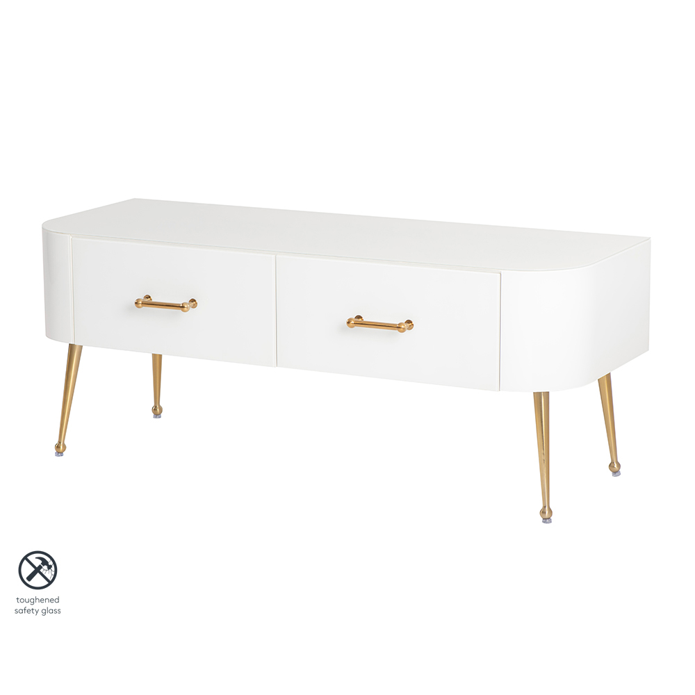 Mason White Glass TV Media Unit – Brushed Gold Legs