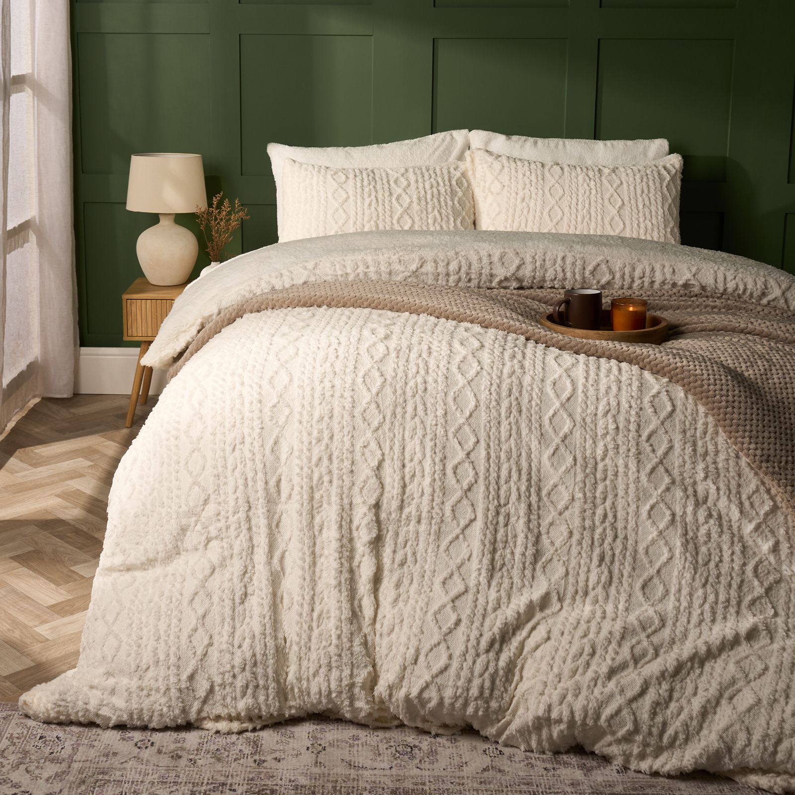OHS Cable Knit Fleece Duvet Cover Set Warm Reversible Bedding in Cream
