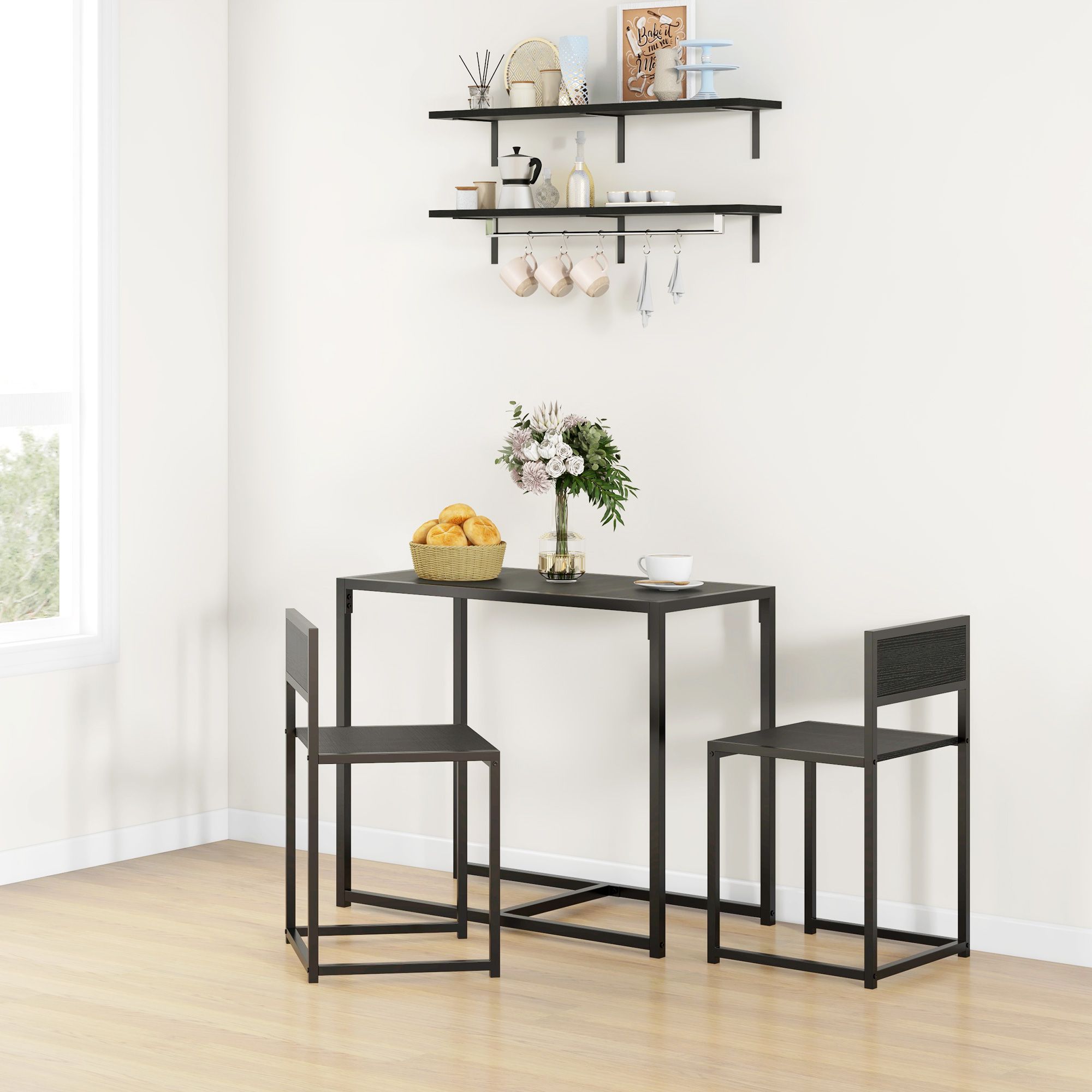 HOMCOM 3 Piece Dining Table Set with Metal Frame in Black