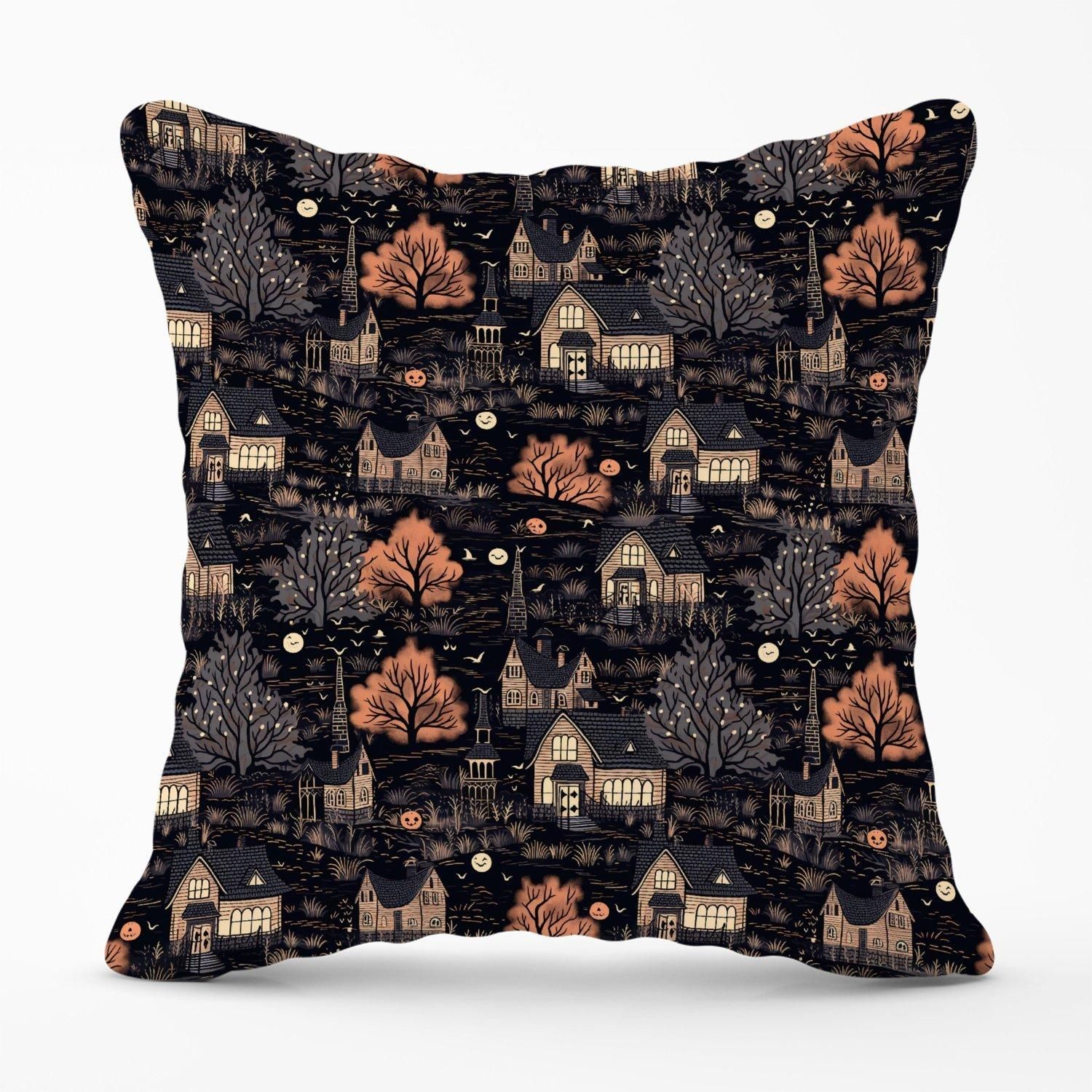 Warren Reed - Designer Spooky Haunted Houses Pattern Outdoor Cushion in Brown