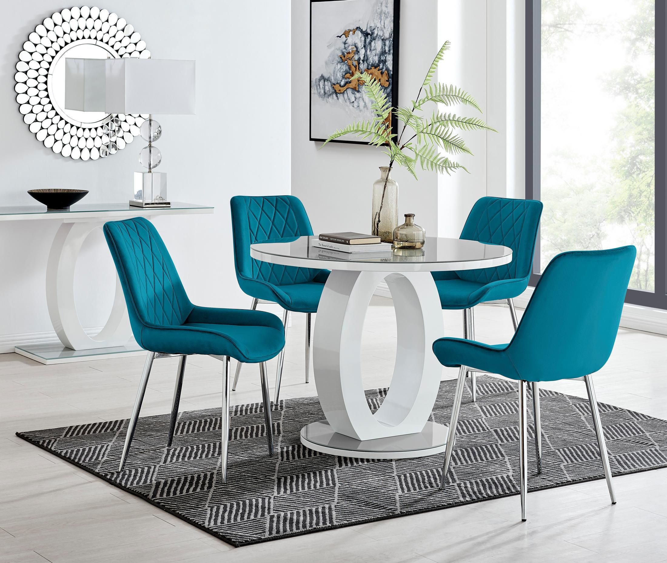 FurnitureboxUK Giovani Round 4 Seat 100cm White High Gloss Halo Base Grey Glass Top Dining Table 4 Soft Velvet Silver Leg Pesaro Chairs in Blue