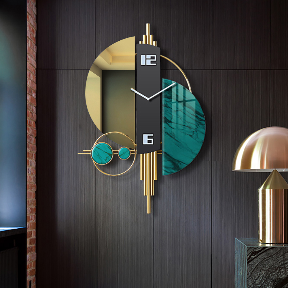 Unique Creative Geometric Oversized Wall Clock 3D Iron Home Decor Green & Gold & Black
