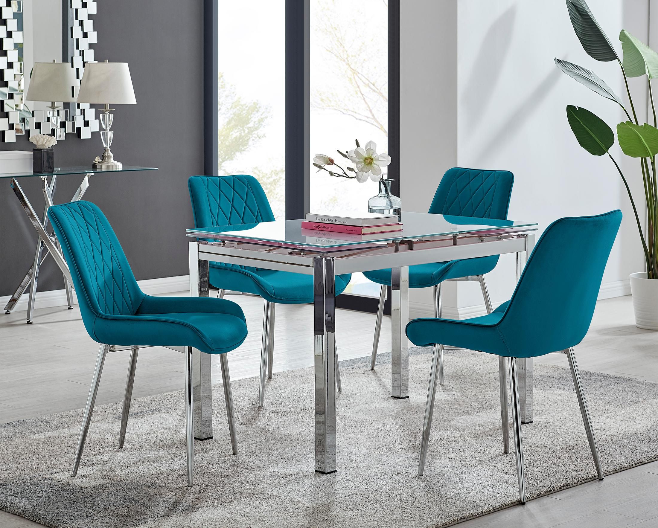 FurnitureboxUK Enna White Glass Extending 4-6 Seater Dining Table & 4 Pesaro Soft Velvet Chairs in Blue