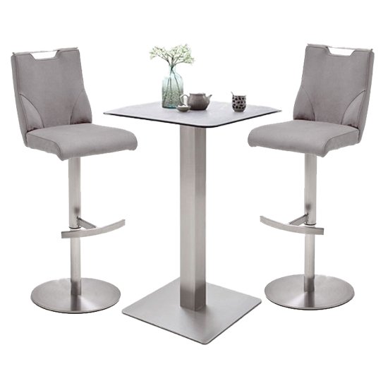 Soho Glass Bar Table With 2 Jiulia Ice Grey Leather Stools