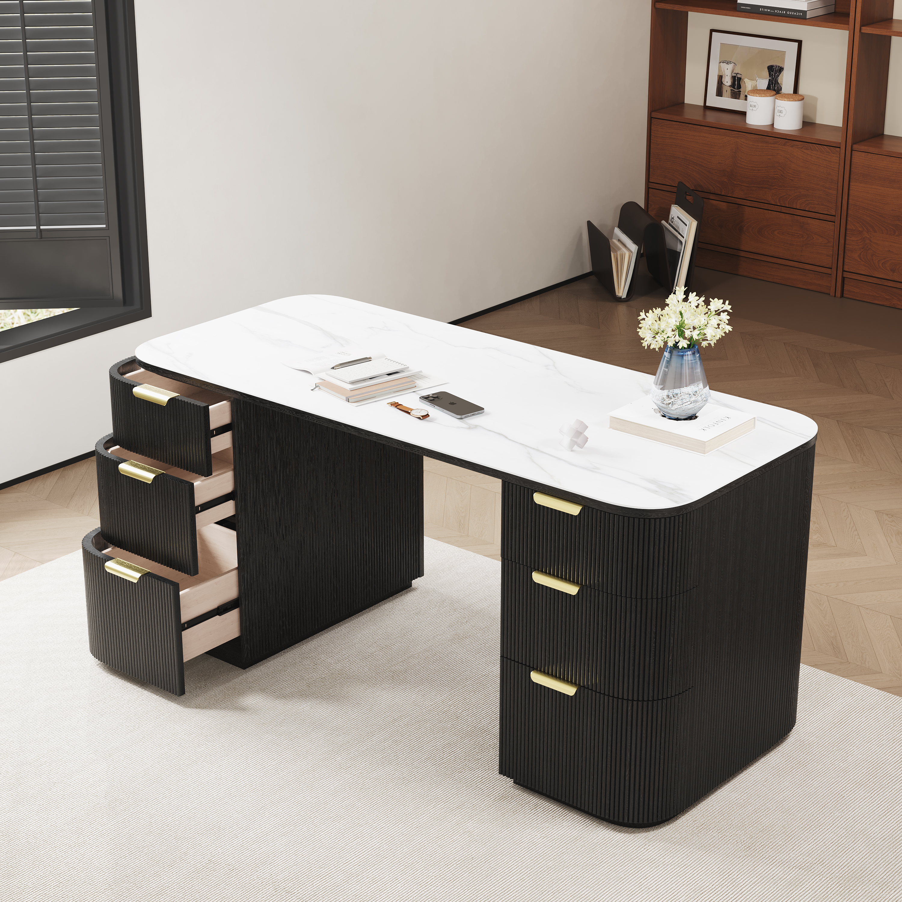 Marble Oval Home Office Desk with 6 Drawers Black Executive Writing Desk (160 cm)
