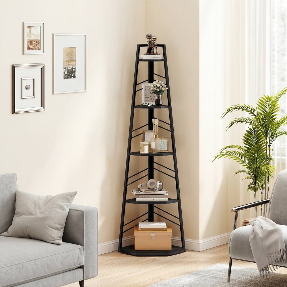 HOMCOM 5-Tier Corner Bookcase, Floor Standing Shelving Unit in Black