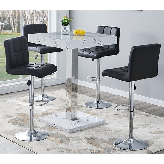 Palmero Vida Marble Effect Gloss Bar Table 4 Coco Black Stools