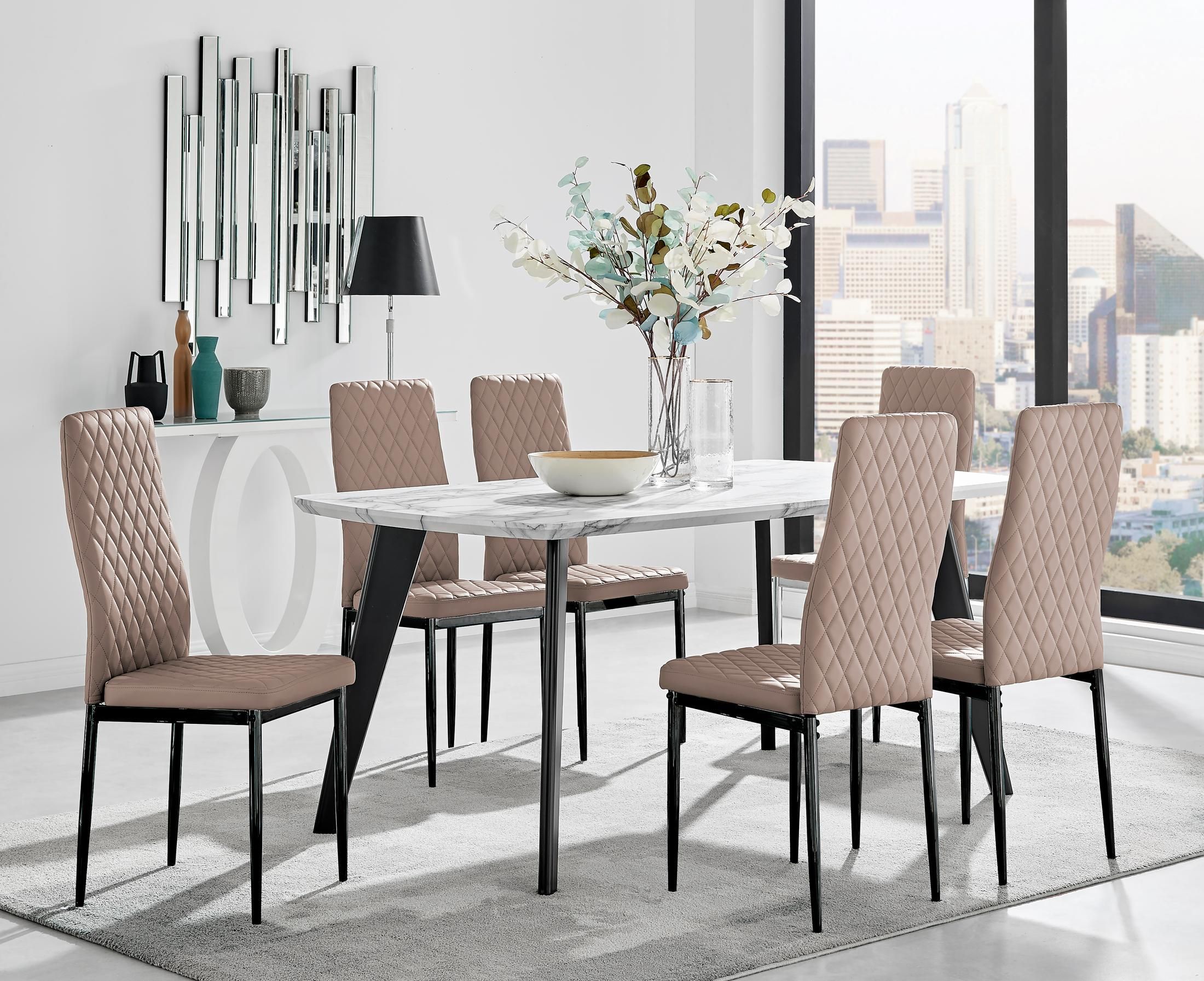 FurnitureboxUK Andria White Marble Effect & Black Leg 6 Seater Dining Table & 6 Milan Faux Leather Chairs in Beige
