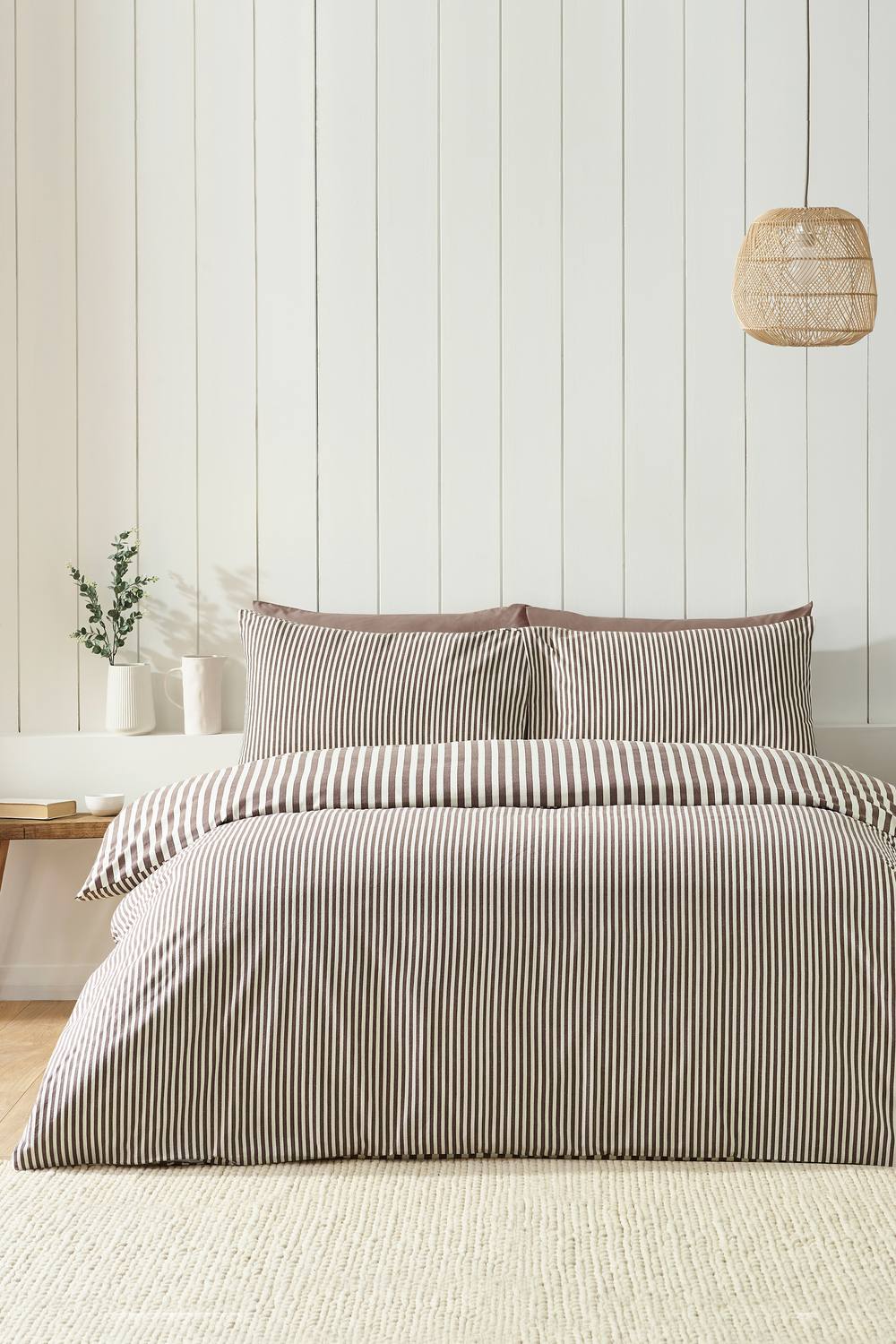 Catherine Lansfield Brushed Stripe 100% Cotton Duvet Cover Set in Chocolate 2
