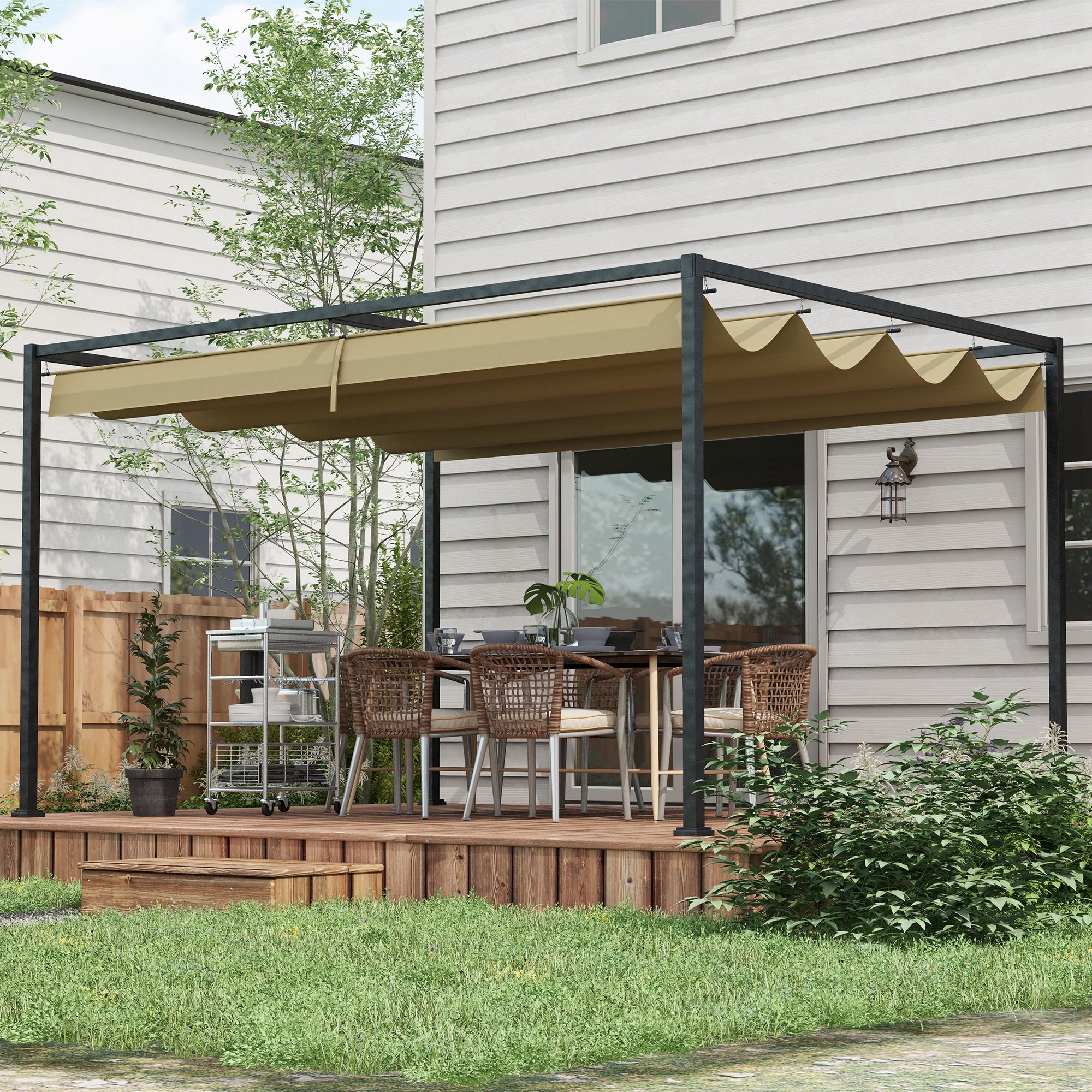 OUTSUNNY 4x3(m) Metal Pergola Gazebo Patio Sunshelter Retractable Canopy in Khaki